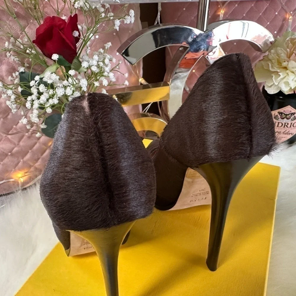 FENDI Décolleté Cavallino Camoscio Pony Hair Suede Platform Pump Brown 38 Italy